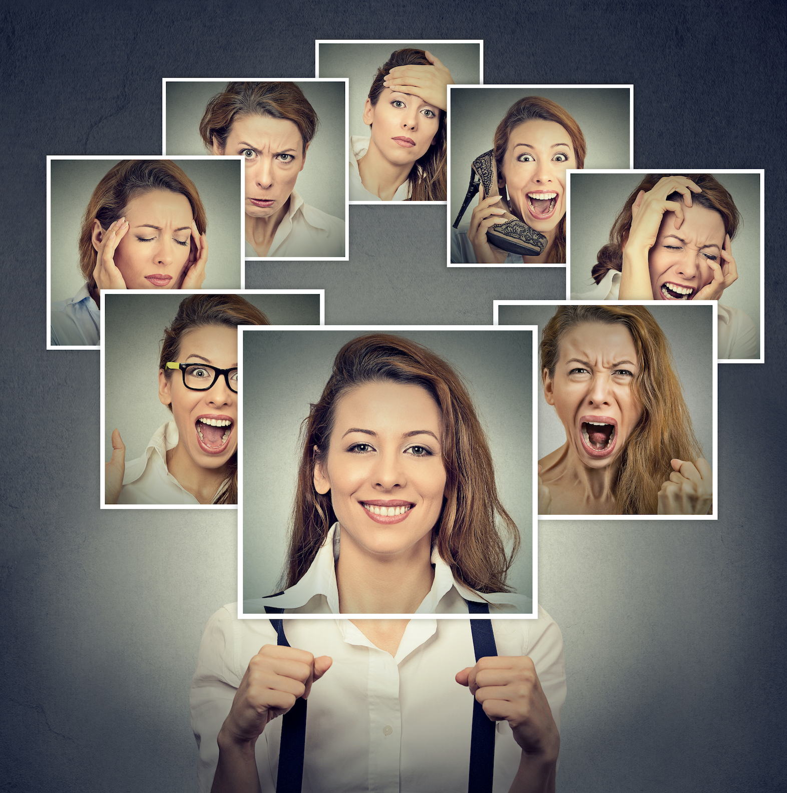 girl with many pictures of her different emotions