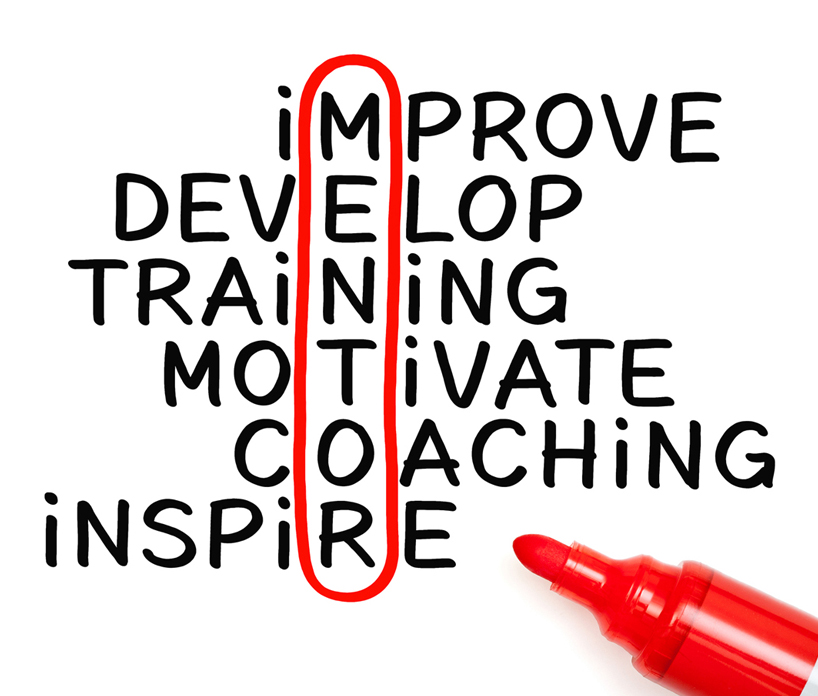 Improve, develop, training, motivate, coaching, inspire words are stacked on top of one after the other. The M-E-N-T-O-R letters are encircled with a red marker.