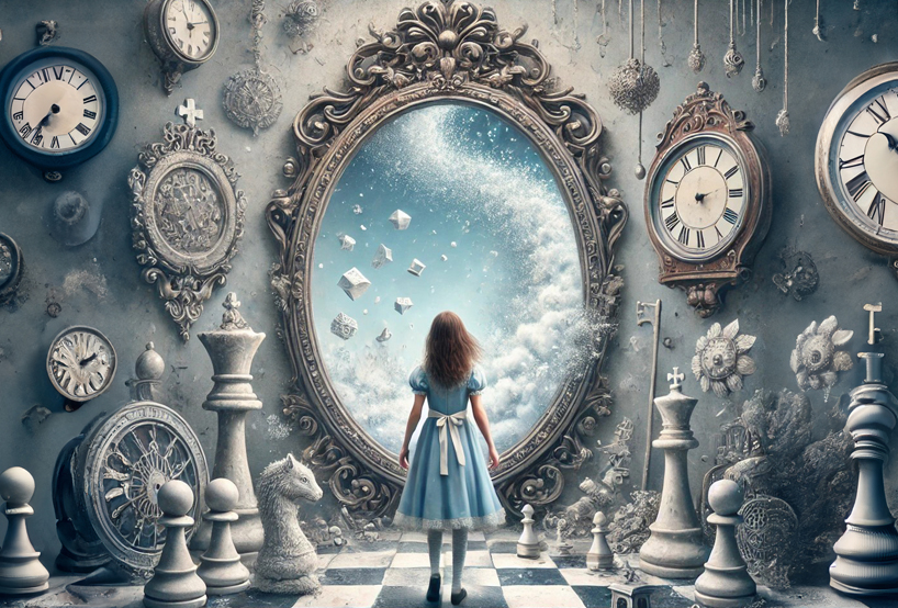 Alice looking through the mirror, with chess pieces and clocks surrounding her