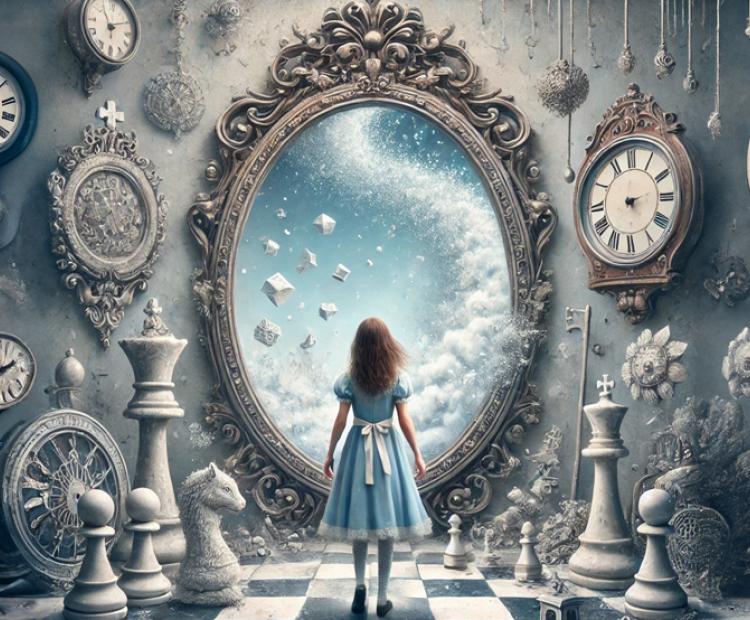 Alice looking through the mirror, with chess pieces and clocks surrounding her